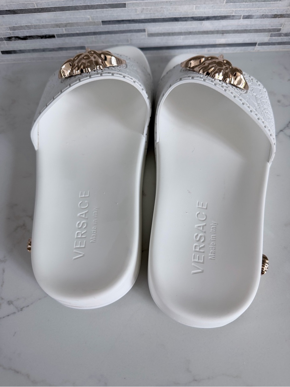 Versace White Slides with Gold Medusa Plaques size 11 - Picture 8 of 16